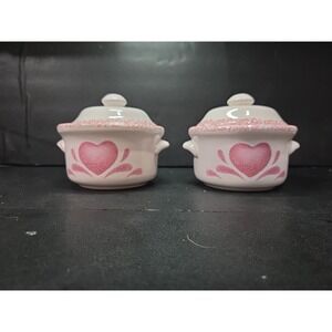 Stoneware Covered Small Serving Casserole Dish Bowl 1 Pint Pink Heart Set Of 2